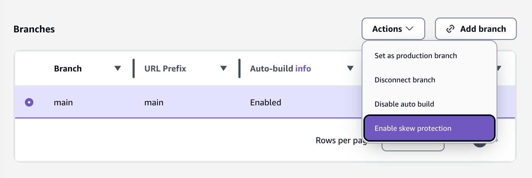 Screenshot of the branch settings in the AWS Console